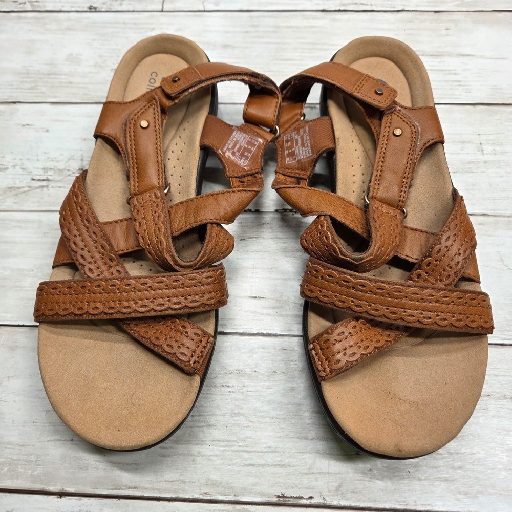 Clarks Collection Strappy Sandals Women 8 Tan Brown Laser Cut Shoe